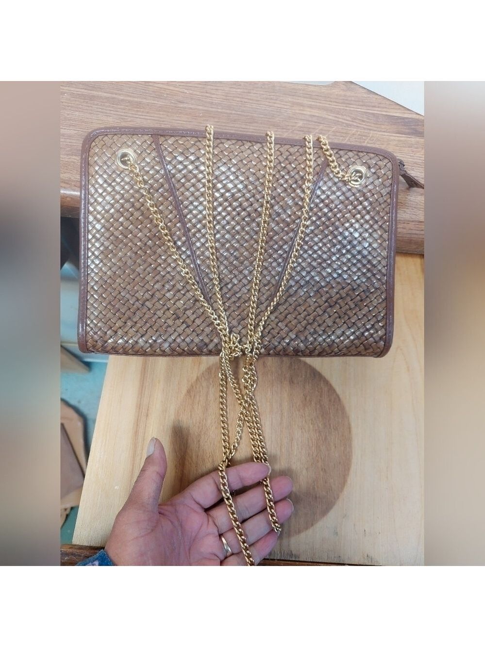 Vintage* The Bay, Made in Italy, Tan Clutch/Cross Body with Long Chain Strap